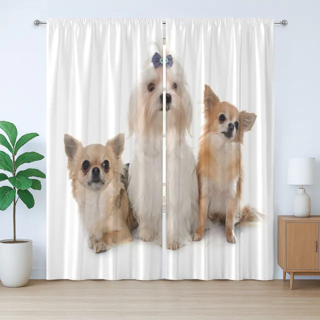 ABAKUHAUS Rustiek puppygordijn, Chihuahua en Maltezer, slaapkamergordijn met plooien, lussen en haken, 280 x 260 cm, wit lichtbruin