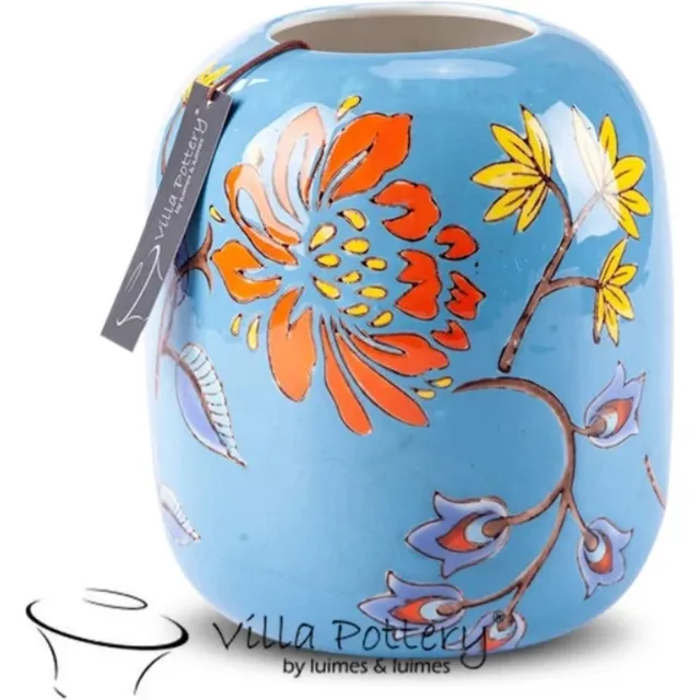 Irishflowers Vaas - Villa Pottery - Porselein - Decoratie - Woondecoratie - Waterdicht - Moederdag - Happy Flowers 1 Blue Blauw