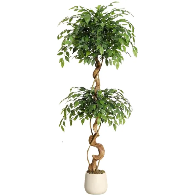 Happiq Kunstmatige Ficusboom - Met Gebogen Stam en Luxe Planter - voor woonkamer en kantoor - 152 cm Groen Kunstzijde - 183 cm