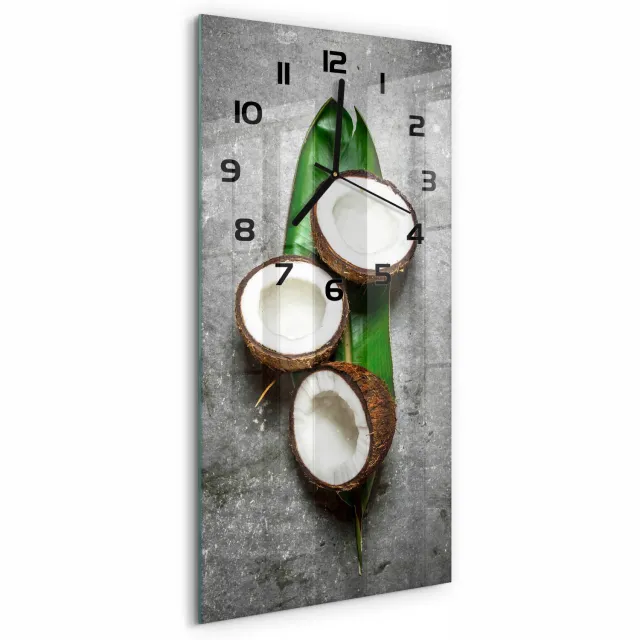 TULUP Wandklok - Een halve kokosnoot Glazen Wandklok Design - 30x60 cm - Groente Klok Glas Met Opdruk - Zwarte handen - Rechthoekige Klok - Wandklok Glas Met Motief - Decoratieve Glazen Klok