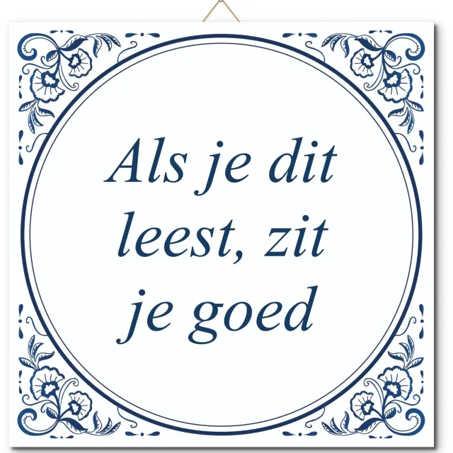 De Tegeltjesfabriek Tegeltje: Als je dit leest, zit je goed (met hangertje) wit en blauw