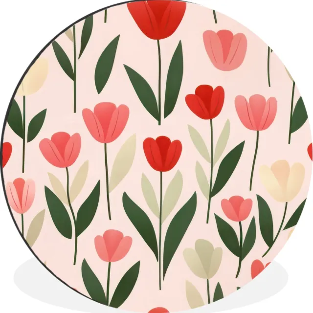 WallCircle Wandcirkel - Muurcirkel - Tulpen - Modern - Roze - Aluminium - Dibond - 120x120 cm - Binnen en Buiten Bloemen
