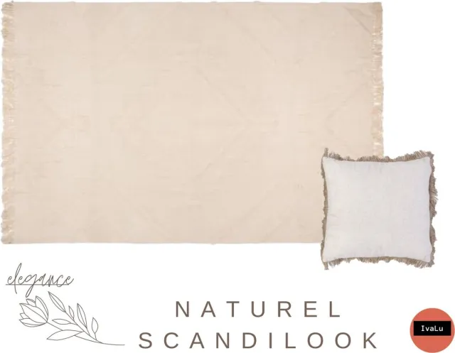 Atmosphera Créateur d'intérieur® Vloerkleed ivoor natural stijl van katoen met franjes 120 x 170 met kussenhoes 40 x 40- set tapijt met kussenhoes - vloerkleed rechthoekig ivoren