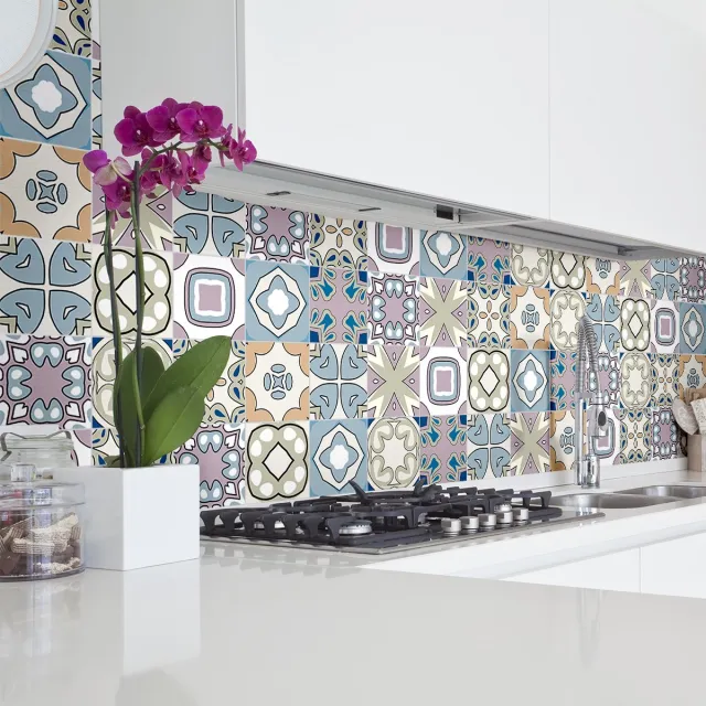 Ambiance Sticker Zelfklevende tegelmuurstickers voor keuken en badkamer - 30 Esthera Azulejos cementtegelstickers - 30 stickers 15x15cm Multi color