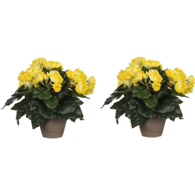 Mica Decorations Mica Decoration Kunstplant - 2x - begonia - geel - in pot - 30 cm - nepplanten