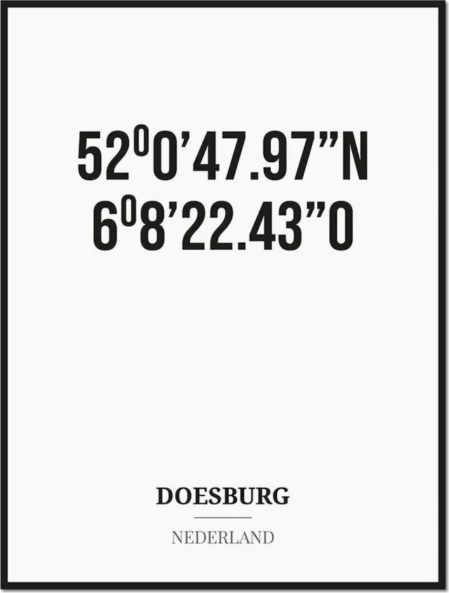 Studio216 Poster/kaart DOESBURG met coördinaten zwart, wit