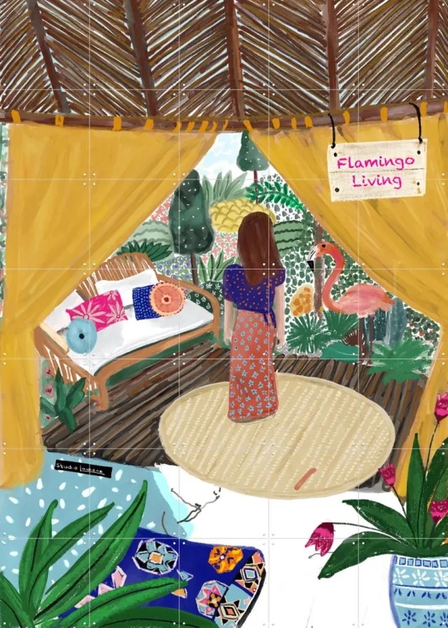 IXXI Flamingo Living, Studio LaWiene - 100 x 140 cm - Grote wanddecoratie en posters - Fantasierijk, Speels, Vintage, Kleurrijk, Geometrische Kunst Geel