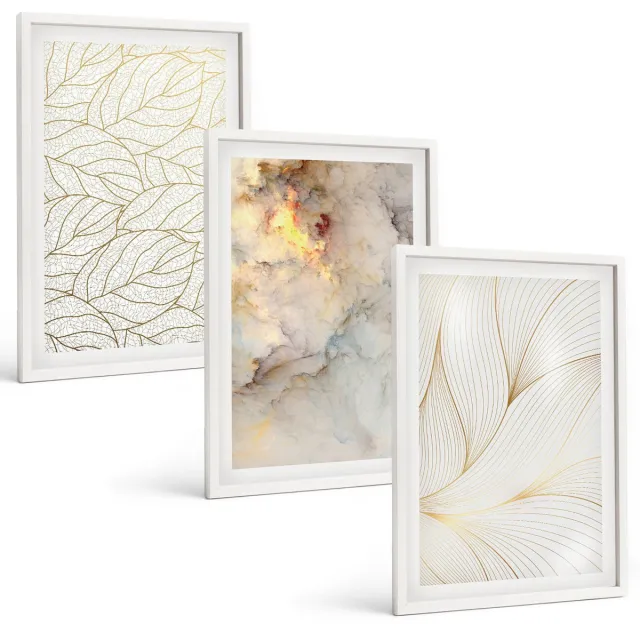 Coloray 3-Delige Schilderij Set - Lineaire Bladpatronen Abstract Marmer - 40 x 60 - Wanddecoratie - Muurdecoratie - Moderne Interieurdecoratie - Woonkamer Decoratie Witte lijst