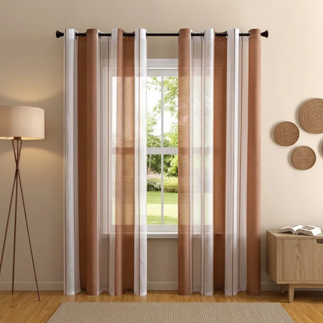Qelus Set van 2 Vitrages met Ringen - Gestreept Linnenlook Voile Gordijn - Transparant & Luxe - Voor Woonkamer - Voilage à Rayures Oeillets - B140xH245cm Bruin