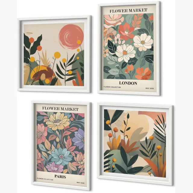 Coloray 4-Delige Schilderij Set - Bloemenposters Parijs Londen - 40 x 40 En 40 x 60 - Stijlvolle Muurdecoratie - Slaapkamer - Moderne Wanddecoratie Witte lijst