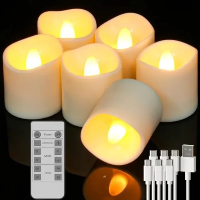Solacis Oplaadbare waxinelichtjes - LED Waxinelichtjes - 6 stuks - Met afstandsbediening - Flikkeren - Oplaadbare kaarsen - Oplaadbare theelichtjes Wit