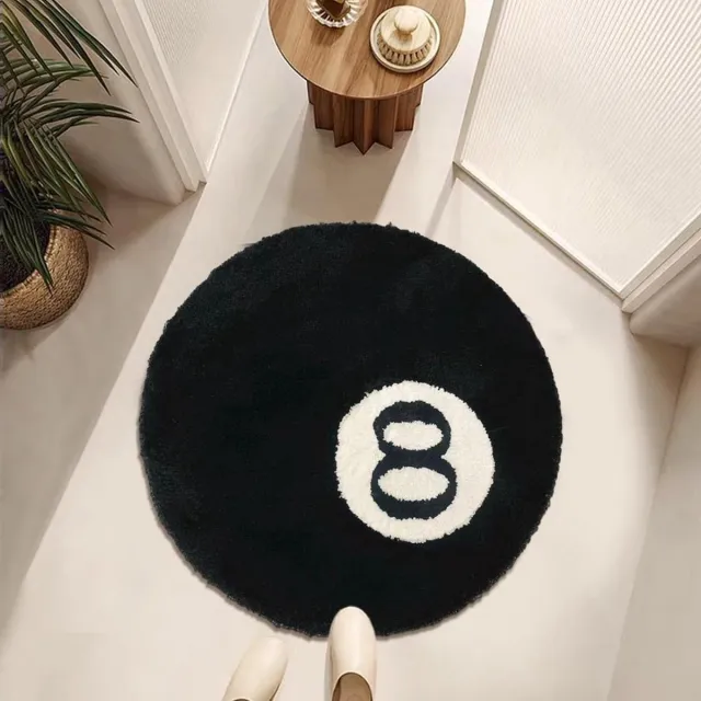 Ball 8-ball flocked zwart-wit vloerkleed - antislip en wasbaar - zacht rond vloerkleed geschikt voor woonkamer, eetkamer en slaapkamer