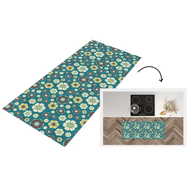 KitchenYeah Keukenloper 120x50 cm - Keukenmat vinyl Retro - Bloemen - Patronen - Blauw - Keukenmatten loper - Keuken vloerkleed tapijt