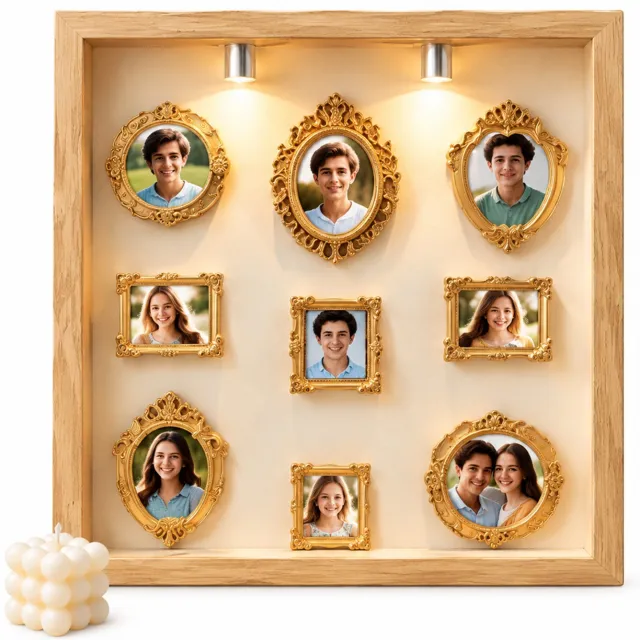 SWGOTA Witte MDF-displaylijst, binnenmaat 15 x 20 cm, tafelmodel met 8 miniatuurlijstjes, 8 willekeurige figuurtjes en 2 lampjes