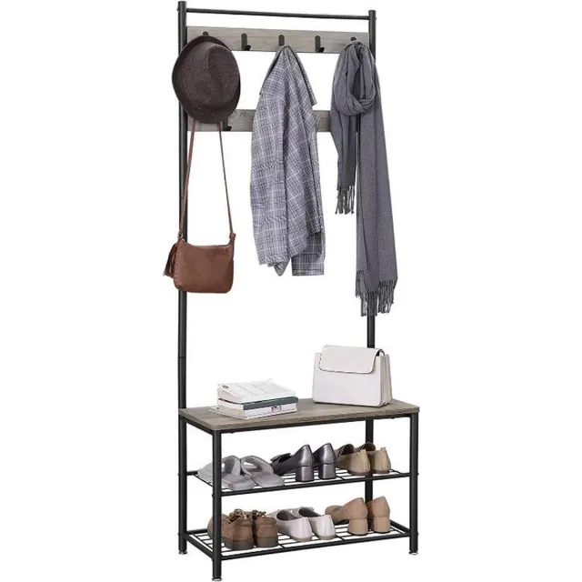 MAZAZU MIRA Home - Kapstok staand met schoenenrek - Garderoberek - Industrieel - Grijs/Zwart - 70x32x175 cm