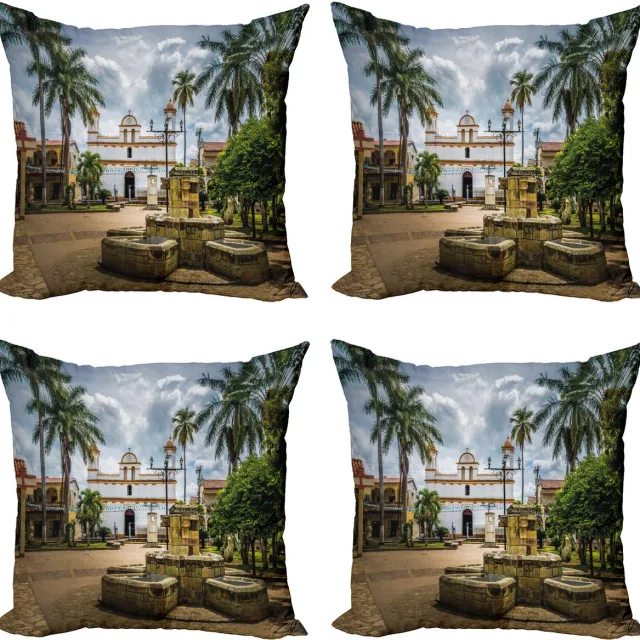 ABAKUHAUS Reise Sierkussen Kussenhoes 4er Set, Maya-Stad met Palmen, Modern Accent Dubbelzijdige Digitale Print, 40 x 40 cm, Meerkleurig
