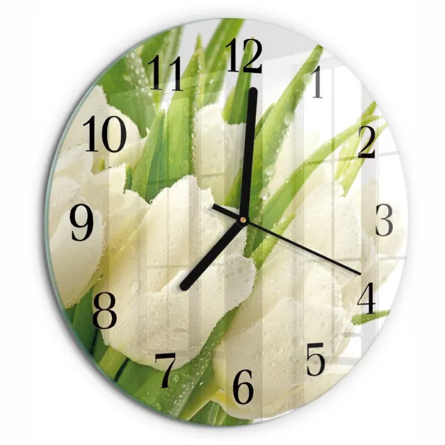 TULUP Wandklok - Tulpen Klok Glas Met Opdruk - 30fi cm - Wit Moderne Wandklok Glas - Zwarte Handen - Ronde Wandklok - Wandklok Glas Decoratie - Gekleurde Glazen Klok Wit - Tulpen
