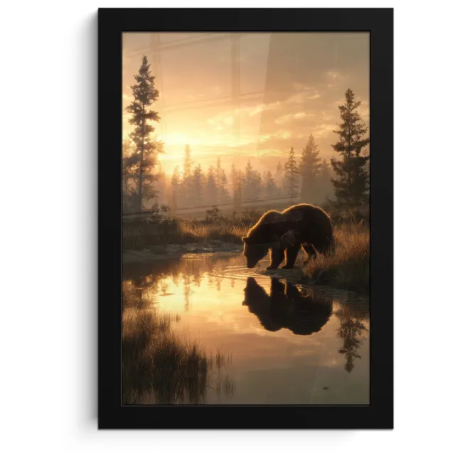 FrameYourWall Poster in lijst - Fotolijst 20x30 cm - Posters - Beer - water - Bos - Ochtendlicht - Posterlijst zwart - Decoratie - Wanddecoratie woonkamer - Muurdecoratie slaapkamer