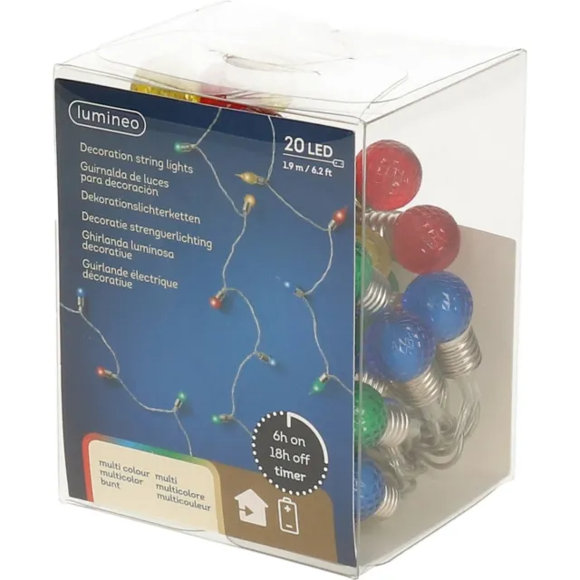 Lumineo Feestverlichting- gekleurde bolletjes - 190 cm - 20 lampjes - op batterij - kerstdecoratie/versiering