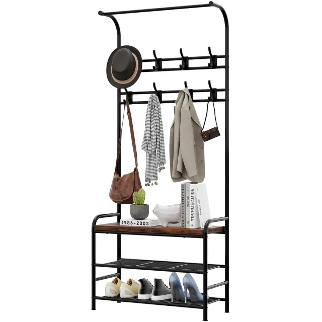 Triumpunpre Kapstok met 3 Planken en 8 Haken – Inklapbare Hal Kapstok met Schoenenplank en Zitbank – 63x30x181 cm – Stevige Metalen Kapstok voor Gang, Slaapkamer, Woonkamer – Retro Bruin Houtkleur