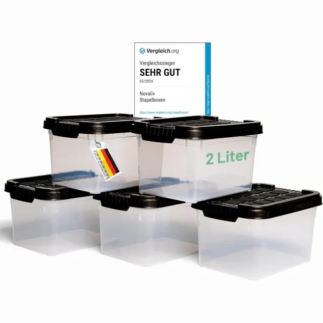 Novaliv 5x Opbergdozen met deksel Klein 2 L Antraciet Nestbaar Stapelbaar Kunststof dozen met clipsluiting Kunststof BPA-vrij 19 x 14 x 11 cm