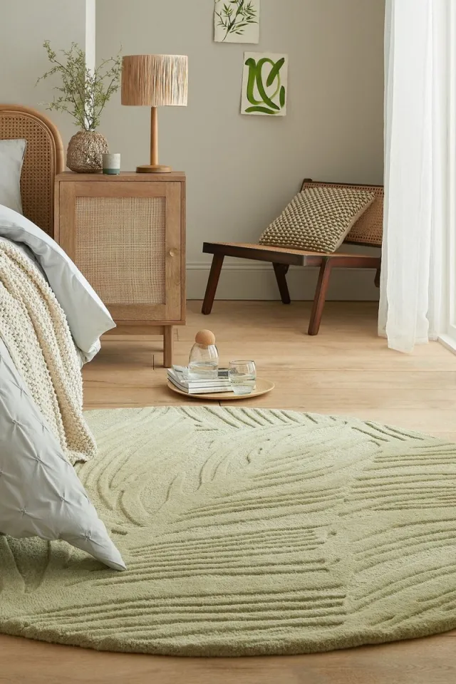 flycarpets Lino Leaf Modern Laagpolig - 100% Wol Vloerkleed - Salie Groen - 160x160 cm