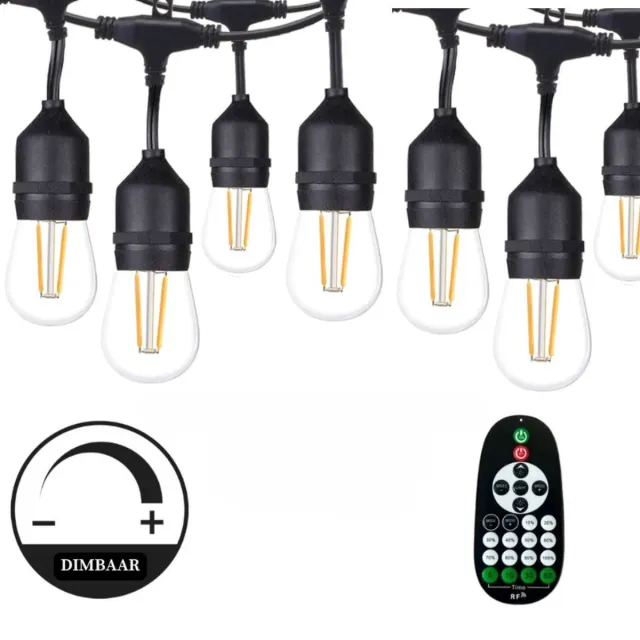 Lichtendirect Lichtsnoer Buiten 15 meter - 15 LED - Afstandsbediening Dimbaar - IP65 Waterdicht - Koppelbaar- Prikkabel -Terrasverlichting - Lichtslinger