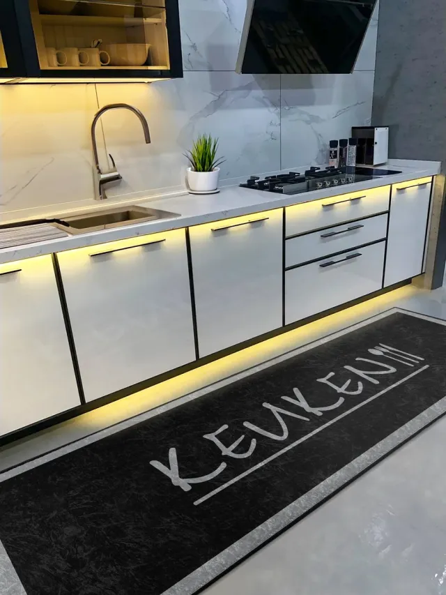 De Groen Home Keukenloper 80x220cm Vloerkleed - Knus Koken collectie - Wasbaar Antislip - Laagpolig Vuilafstotend & Zacht Tapijt Grijs & Zwart