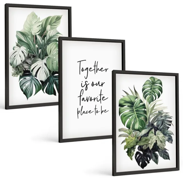 Coloray 3-Delige Schilderij Set - Groene Bladeren Van Tropische Planten Met Decoratieve Inscriptie - 40 x 60 cm - Wanddecoratie - Muurdecoratie - Woonkamer - Stijlvolle Muurdecoratie Zwarte lijst