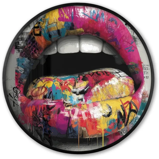 FrameYourWall Poster in lijst Rond - Fotolijst 60x60 cm - Posters - Lippen - Graffiti - Expressief - Ronde posterlijst zwart - Decoratie - Wanddecoratie woonkamer - Muurdecoratie slaapkamer