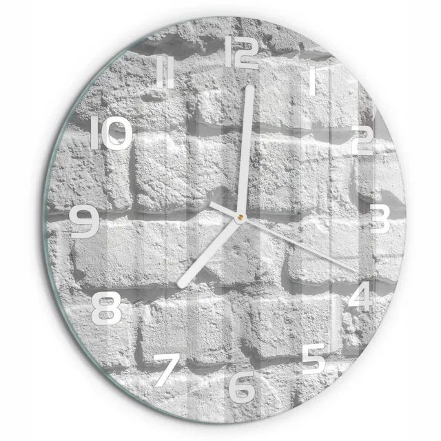 TULUP Wandklok - Bakstenen muur Wandklok Glas Met Motief - fi30 cm - Wit Decoratieve Glazen Klok - Witte handen - Ronde Klok - Gekleurde Glazen Klok - Glazen Klok Met Print