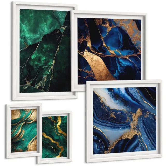 Coloray 5-Delige Schilderij Set - Elegante Abstracties In Tinten Groen En Blauw - 50 x 50 cm, 20 x 30 cm En 40 x 60 cm - Muurdecoratie - Decoratieve Schilderijen - Wohnzimmer - Moderne Wanddecoratie Witte lijst