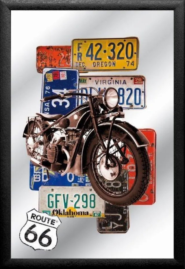 Mirrors Route 66 Wandspiegel - Motor & License Plates Spiegel - 22 x 32 cm Multi