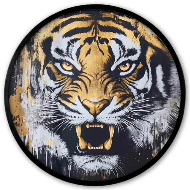 FrameYourWall Poster in lijst Rond - Fotolijst 40x40 cm - Posters - Tijger - Verfspatten - Goud - Ronde posterlijst zwart - Decoratie - Wanddecoratie woonkamer - Muurdecoratie slaapkamer