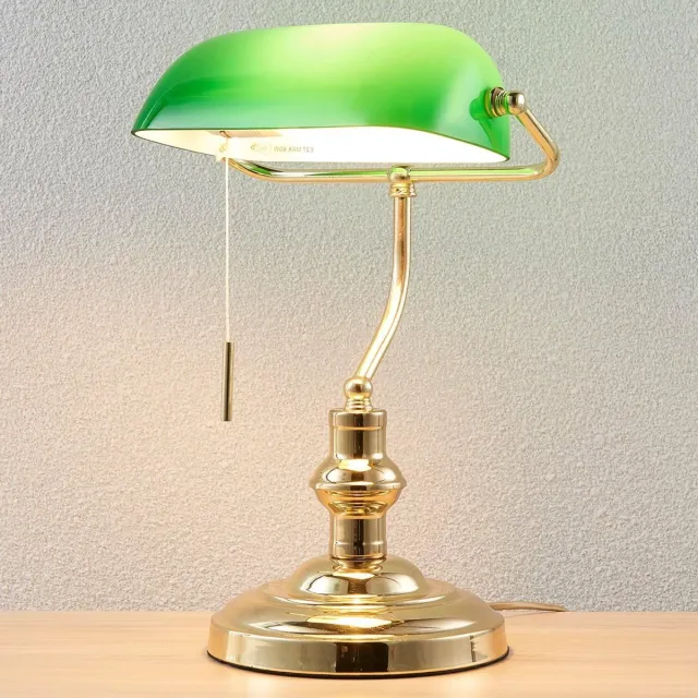 Lindby bureaulamp - 1licht - Metaal, glas - H: 39 cm - E27 - gepolijst messing, groen
