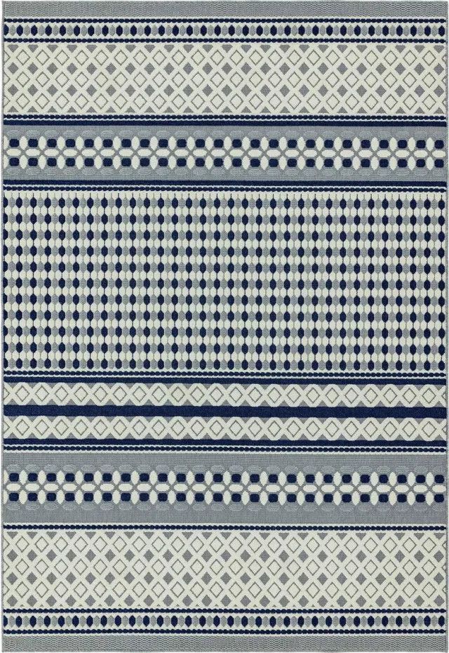 Eazy Living Easy Living - Easy Living Antibes Blue White Geometric Vloerkleed - 160x230 - Rechthoek - Buiten,Laagpolig,Structuur Tapijt - Modern - Blauw, Wit