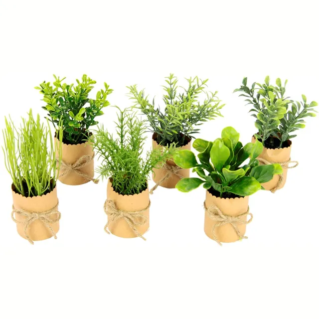Unyqoos Set van zes kunstmatige kruidenplanten in decoratieve potjes voor huisdecoratie, groente, 12cm, stuks 6 green