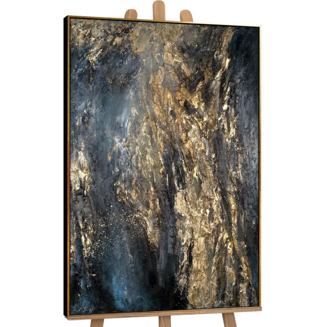 YS Canvas schilderij landschapsformaat handgeschilderd azuur blauw abstract – YS-Art Gallery – Rustgevende wanddecoratie voor woonkamer – Modern schilderij voor slaapkamer en hal Black-Gold