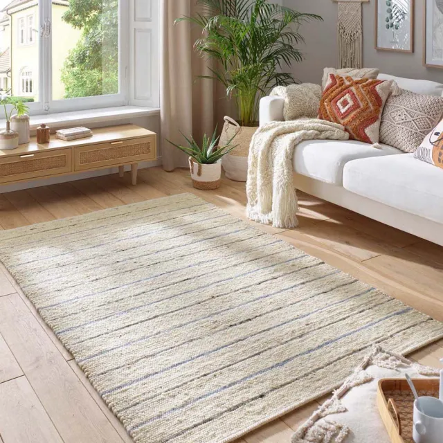 Tapeso Wollen vloerkleed - Jarl crème/blauw 90x160