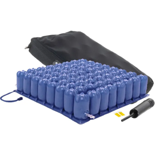 MultiMotion Anti-decubitus lucht zitkussen met 2 ventielen, 50 x 46 cm - 10 cm hoog - Met ademende hoes en handpomp - Zitkussen Blauw