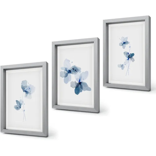 Coloray 4-Delige Schilderij Set - Bloemen in verschillende blauwtinten op een lichte achtergrond - 20 x 30 cm - Decoratieve Muurdecoratie - Slaapkamer - Woonkamer Decoratie Zilveren lijst