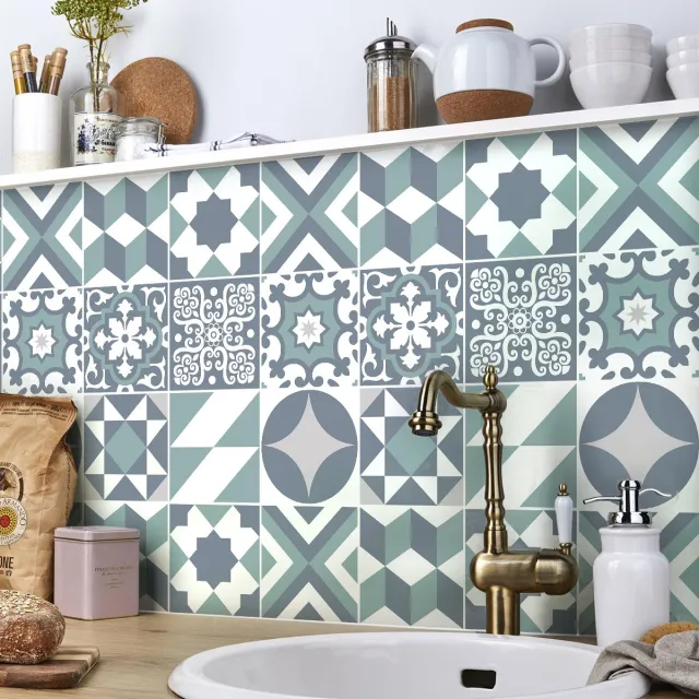 Ambiance Sticker Zelfklevende tegelmuurstickers voor keuken en badkamer - 9 cementtegelstickers (Azulejos Aluzzo) - 9 stickers, 15x15cm Multi color