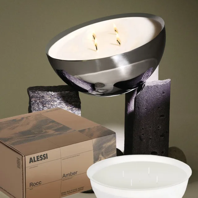 Alessi Rocc-Set-Medium-Amber-Geurkaars-mét-Container gepolijst staal