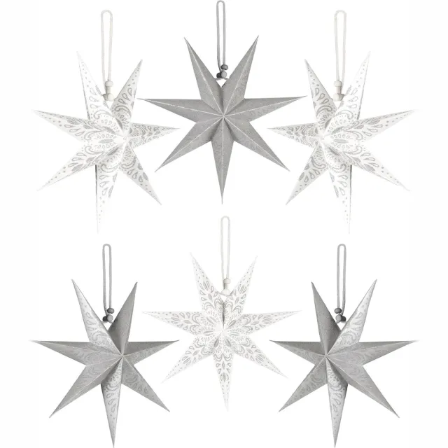 Brubaker 6 Papieren Kerststerren - Advent Sterren Decoratieset - Grote Boom Decoratie Papieren Sterren - Kerstboom Decoratie - Kerstboom en Raamdecoratie - 20 cm Vouwbare Sterren - Zilver Wit Zilver / Wit