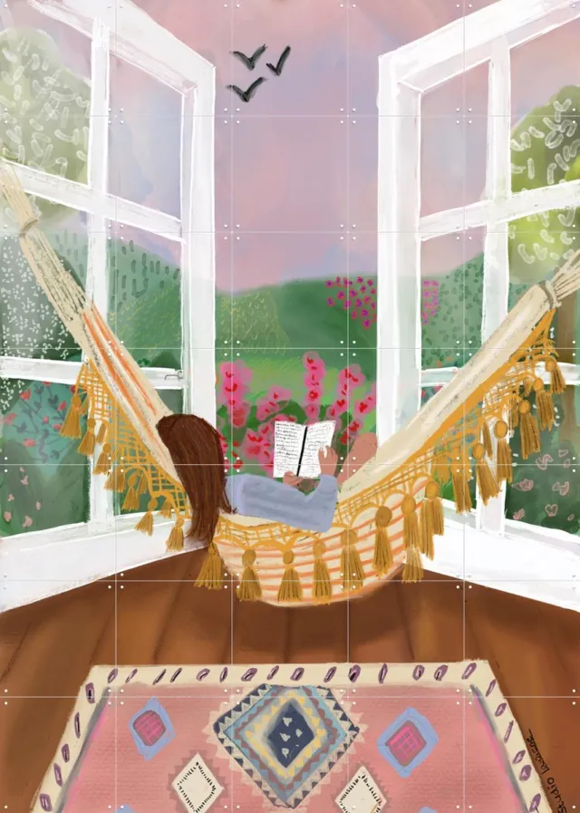IXXI Hammock Dream, Studio LaWiene - 100 x 140 cm - Grote wanddecoratie en posters - Modern, Digitale Kunst, Speels, Kleurrijk, Vintage, Geometrische Roze / Groen