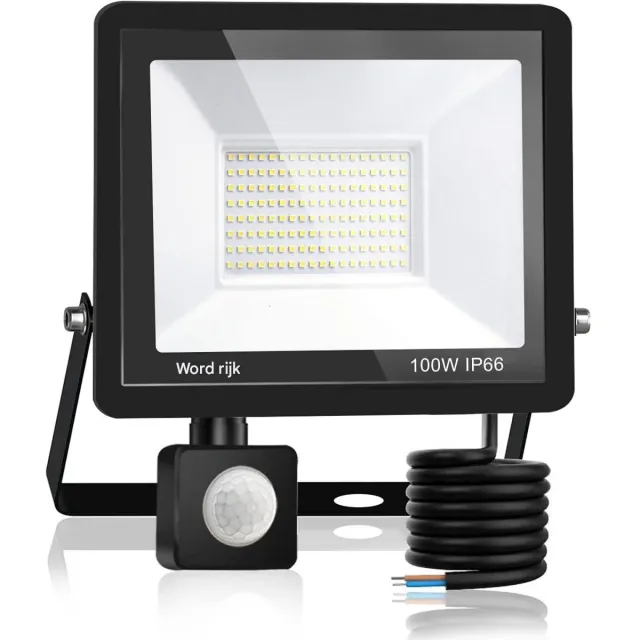 GelldG LED-schijnwerper met bewegingssensor - Koel wit, ultraheldere spot - IP65 waterdichte buitenwandlamp - Geschikt voor tuinen, garages, huizen en terrassen - 100W - LED-chips - Zwart