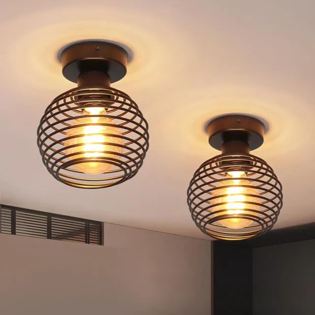 Glitzerlife Plafondlamp 2 Stuks Vintage Retro - Zwarte Metalen Kooi-Look - E27 Fitting - Sfeervolle Industrieel Design - Voor Hal Keuken Balkon Slaapkamer - Ø16cm - Zwart Zwart 2 Stuks
