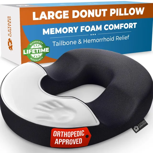 5 STARS UNITED donutkussen van traagschuim met antislip en wasbare hoes, 43 x 34,5 x 7,5 cm zwart
