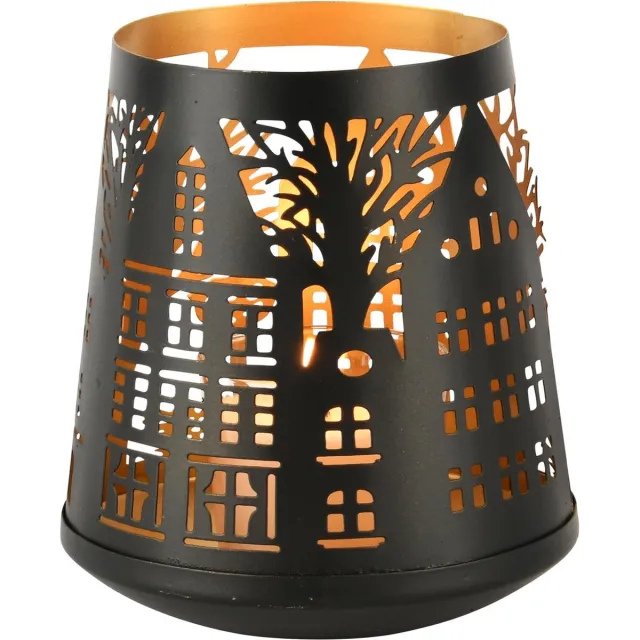 dekoratief Theelichthouder 'Dark Street', zwart/goud, metaal, 16x11x17cm | A248207