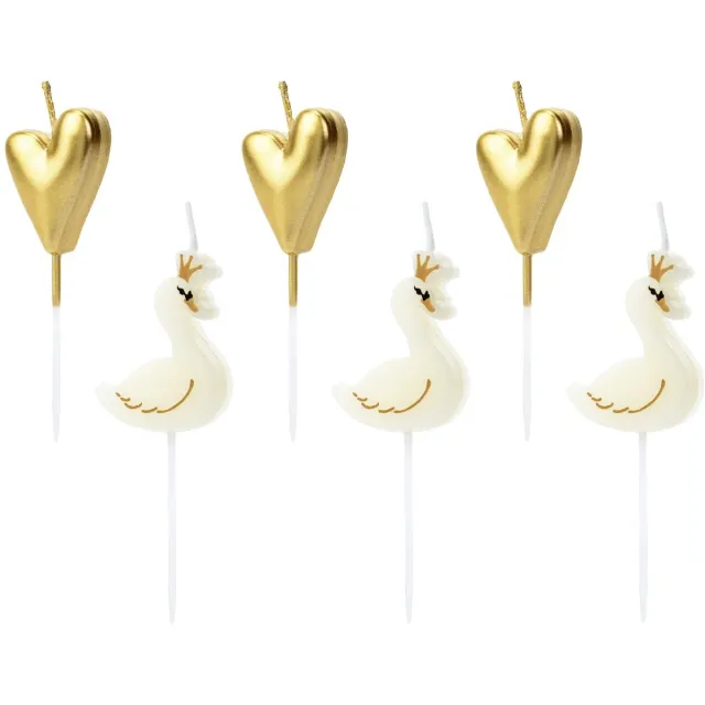 Party Deco Partydeco - Taartkaarsjes Hart en Zwaan Goud - Brons,Wit - Transparant